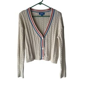 Prince‎ Sweater Medium Cable Knit Cardigan Red Blue Stripe Trim Tennis Preppy